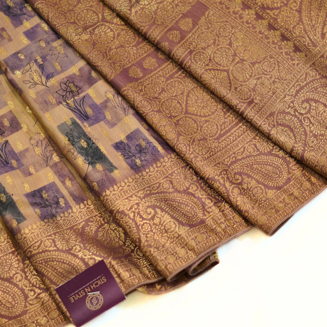 Russian silk with zari border and geomentrical design.