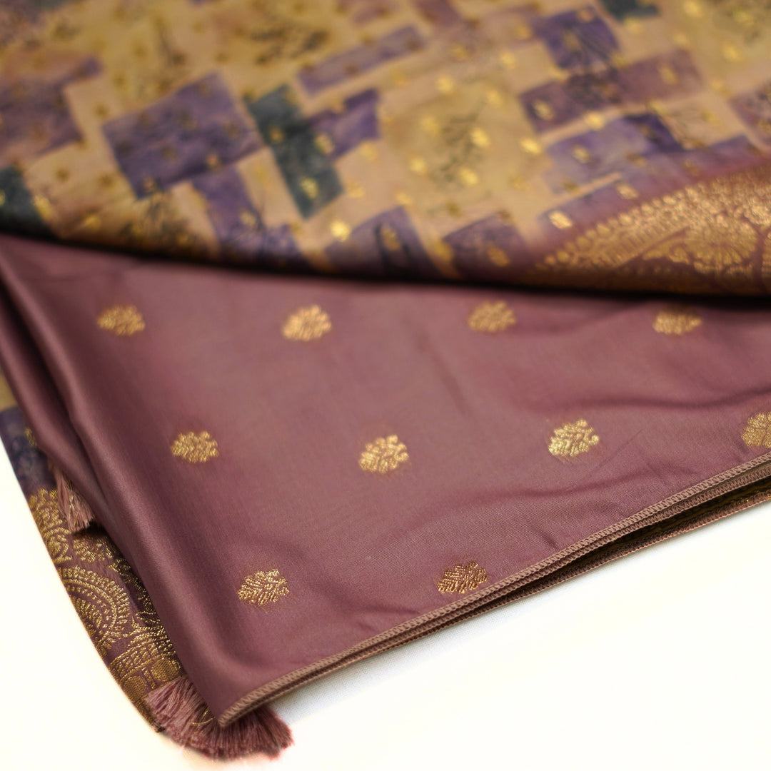 Russian silk with zari border and geomentrical design.