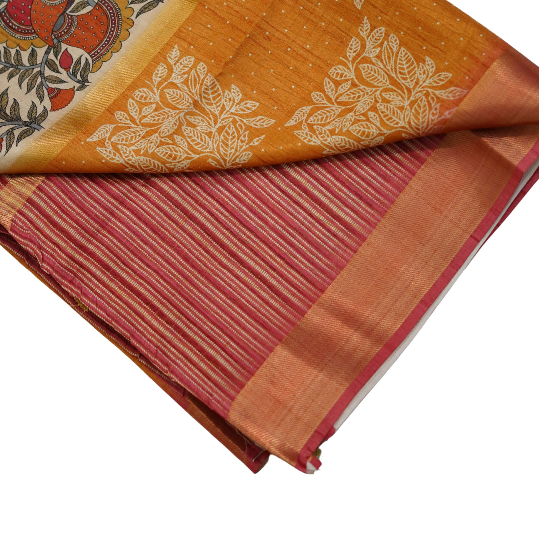 Printed tussar with zari and kalamlari.