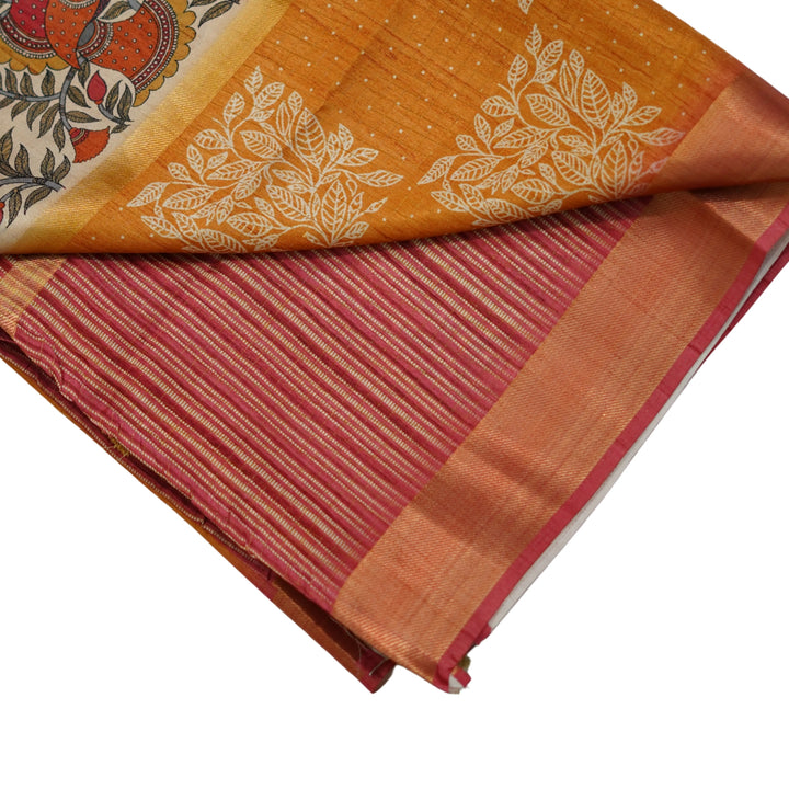 Printed tussar with zari and kalamlari.