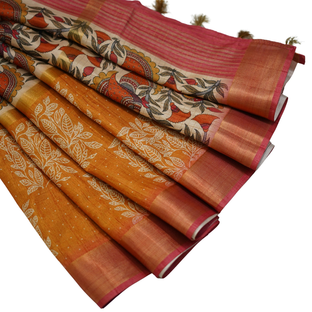 Printed tussar with zari and kalamlari.