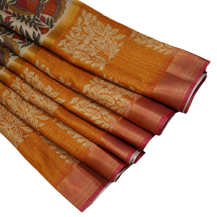 Printed tussar with zari and kalamlari.