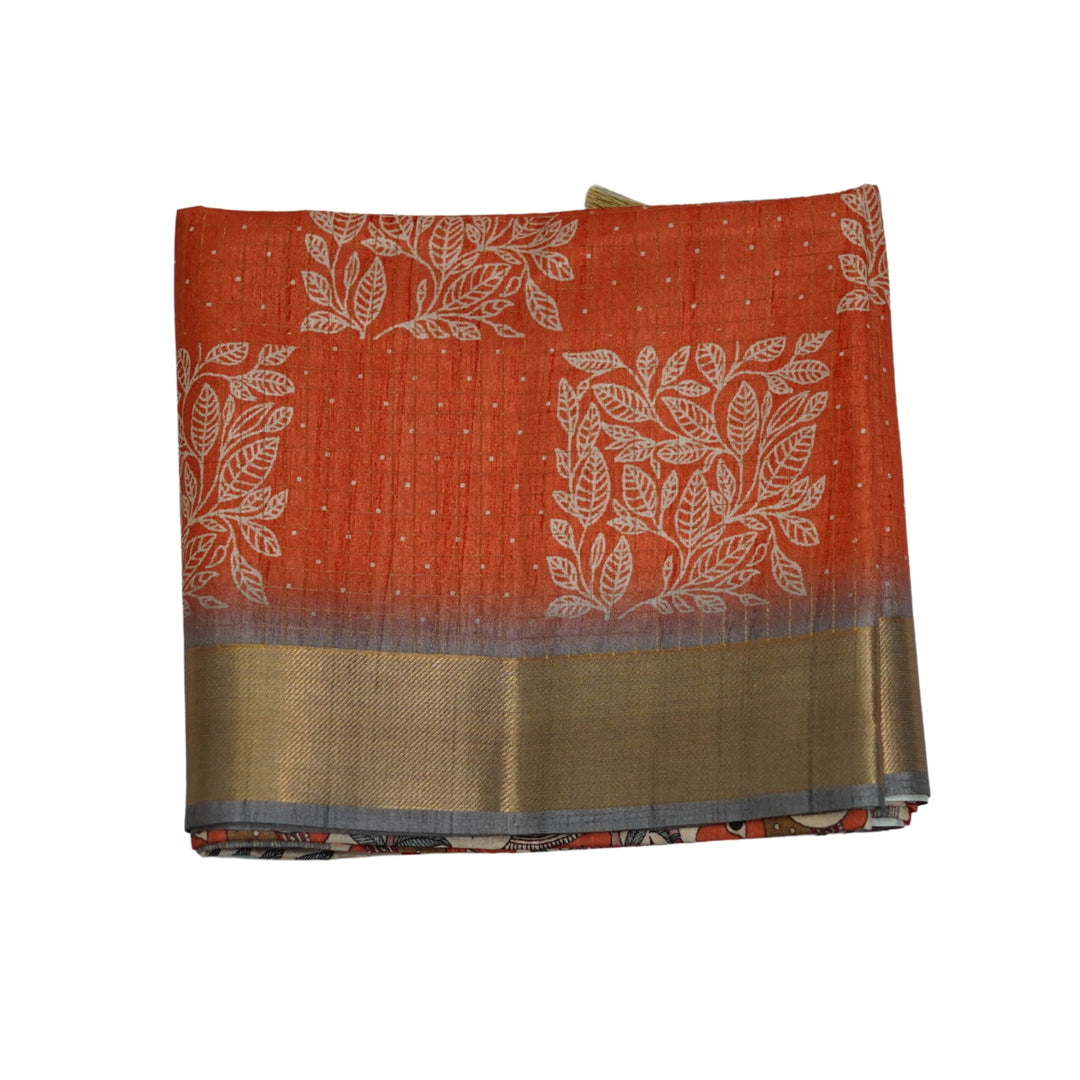 Printed tussar with zari and kalamlari.