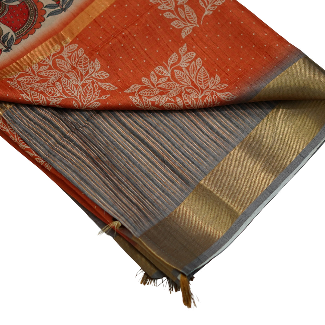 Printed tussar with zari and kalamlari.