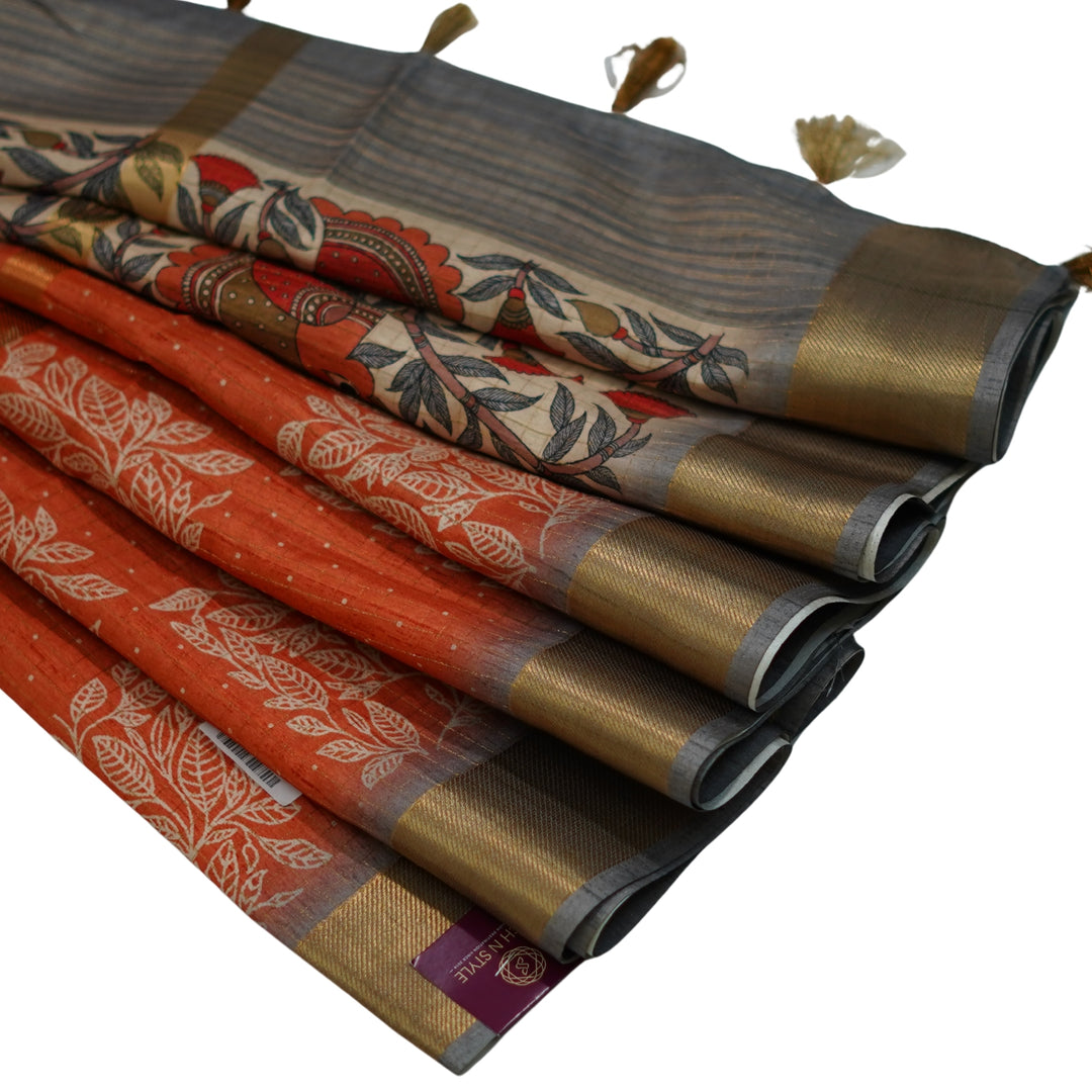 Printed tussar with zari and kalamlari.