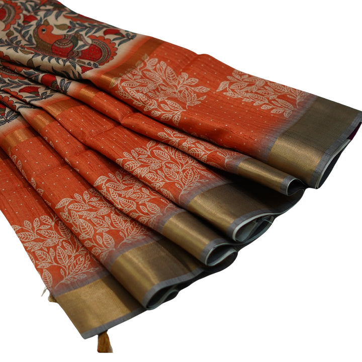 Printed tussar with zari and kalamlari.
