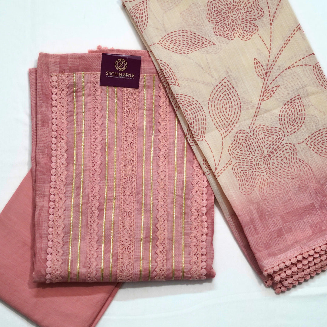 Cotton salwar with yoke sari and lace work, with digital print dhupatta with border lace.
