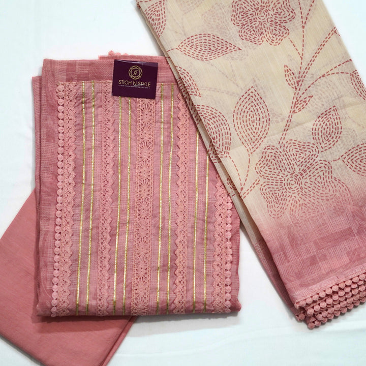 Cotton salwar with yoke sari and lace work, with digital print dhupatta with border lace.
