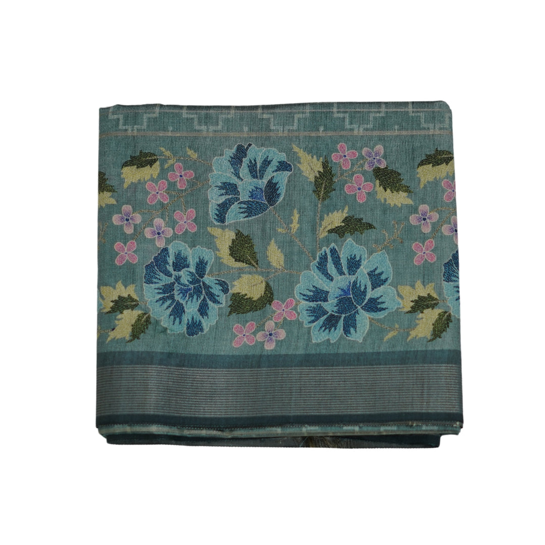 Raw silk saree with all over geomentrical design and floral weaving border.