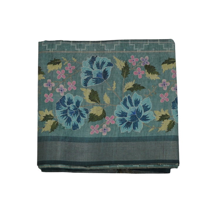 Raw silk saree with all over geomentrical design and floral weaving border.