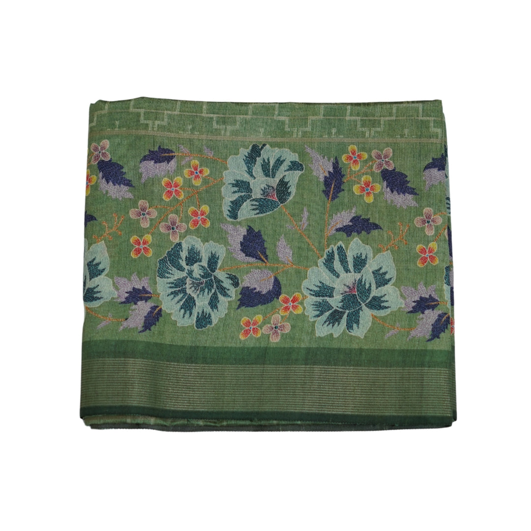 Raw silk saree with all over geomentrical design and floral weaving border.