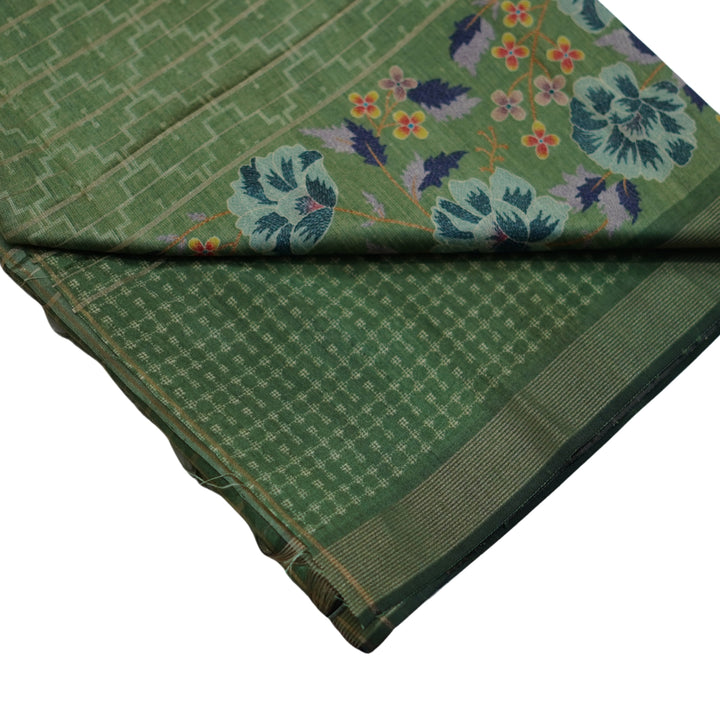 Raw silk saree with all over geomentrical design and floral weaving border.