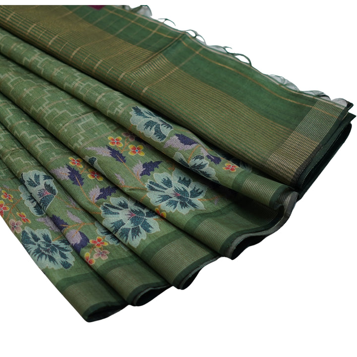 Raw silk saree with all over geomentrical design and floral weaving border.