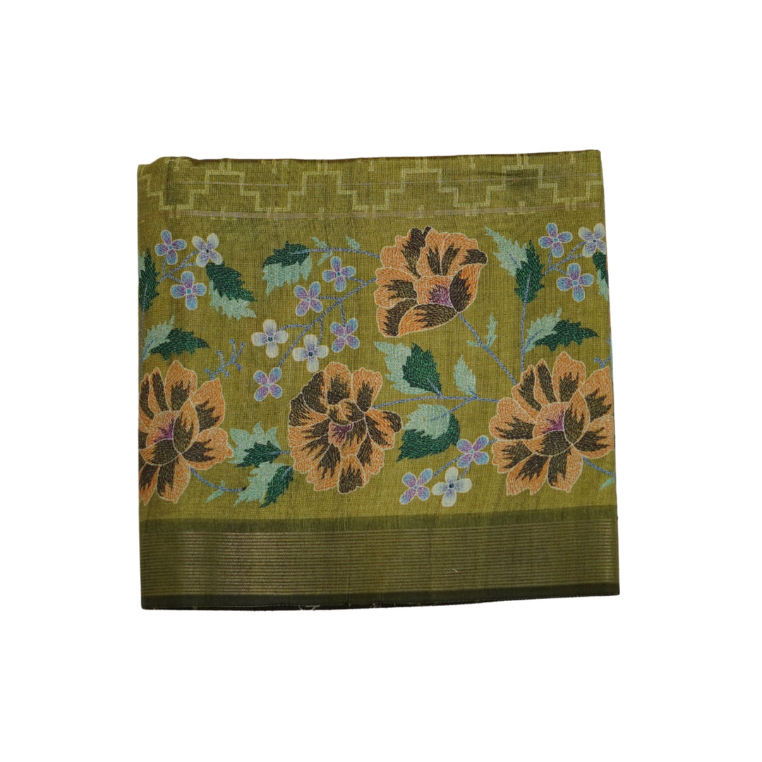 Raw silk saree with all over geomentrical design and floral weaving border.