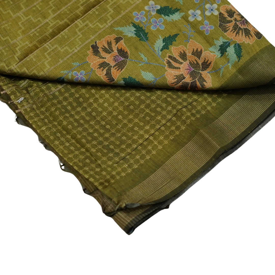 Raw silk saree with all over geomentrical design and floral weaving border.