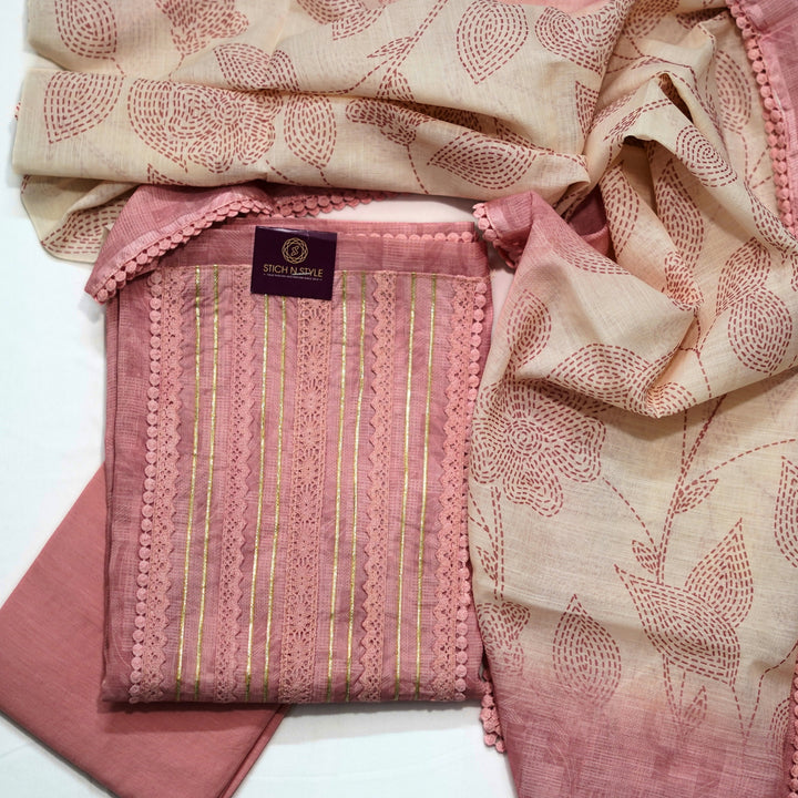 Cotton salwar with yoke sari and lace work, with digital print dhupatta with border lace.