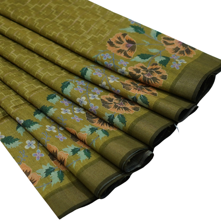 Raw silk saree with all over geomentrical design and floral weaving border.