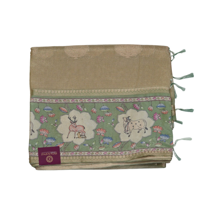 Tissue organza saree with pichuvai satin border.