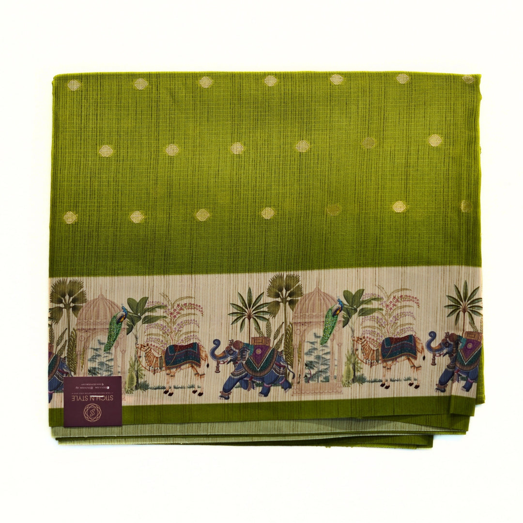 Silk cotton saree with all over buttas and digital print border.
