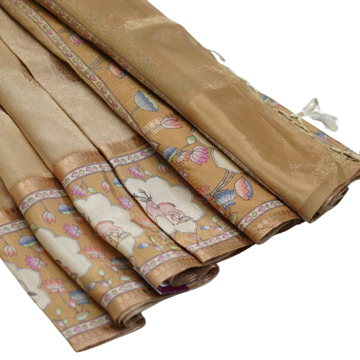 Tissue organza saree with pichuvai satin border.