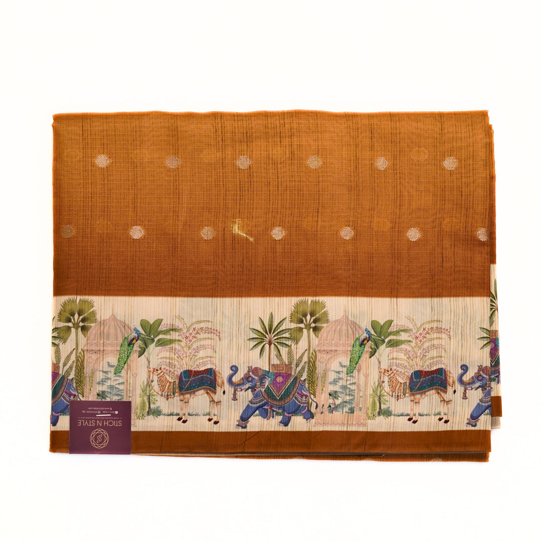 Silk cotton saree with all over buttas and digital print border.