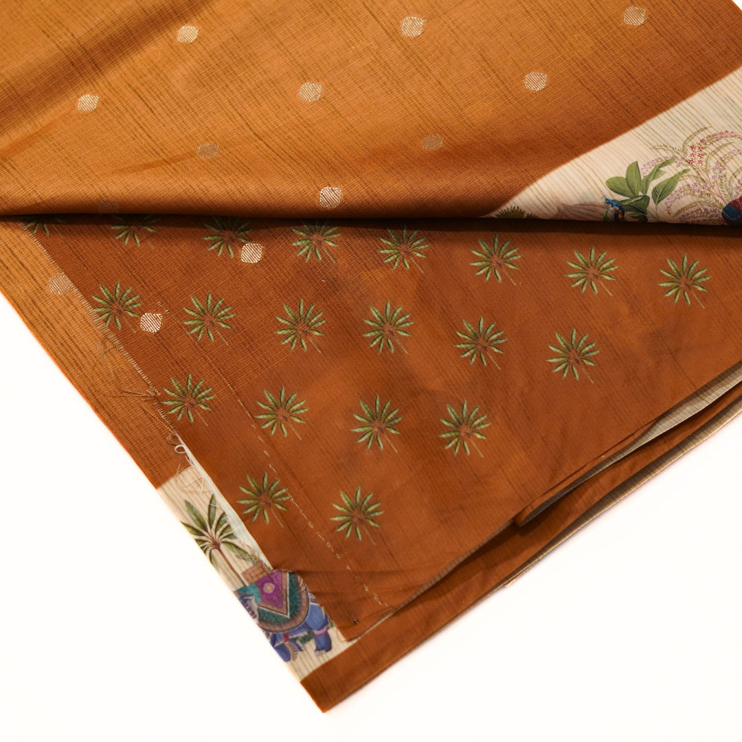 Silk cotton saree with all over buttas and digital print border.