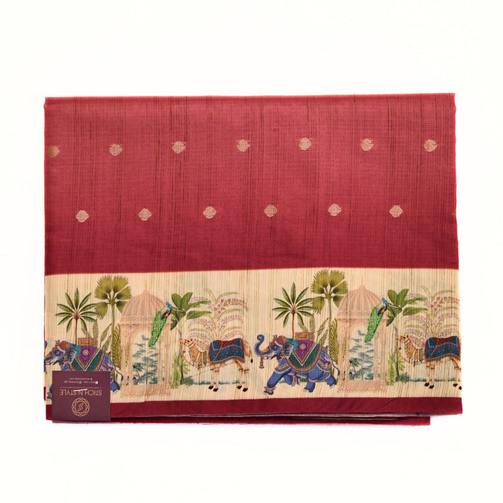 Silk cotton saree with all over buttas and digital print border.