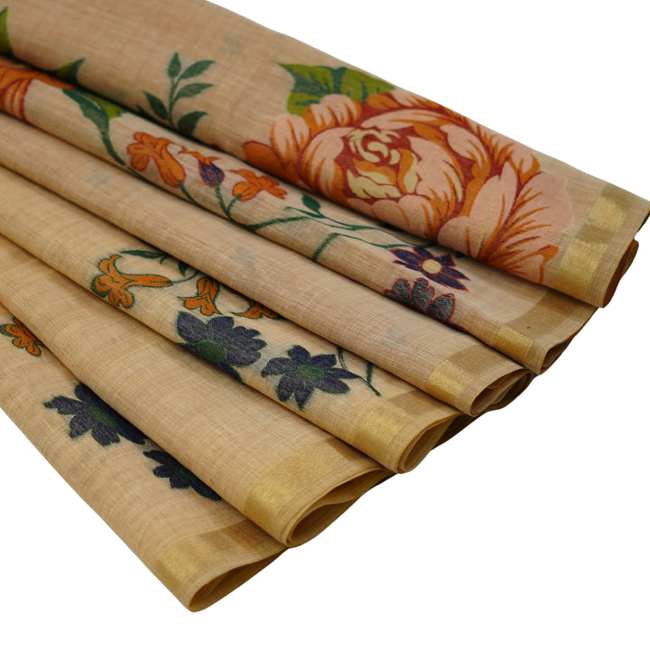 Cotton silk saree with jamdhani weaving on pallu and pleats.