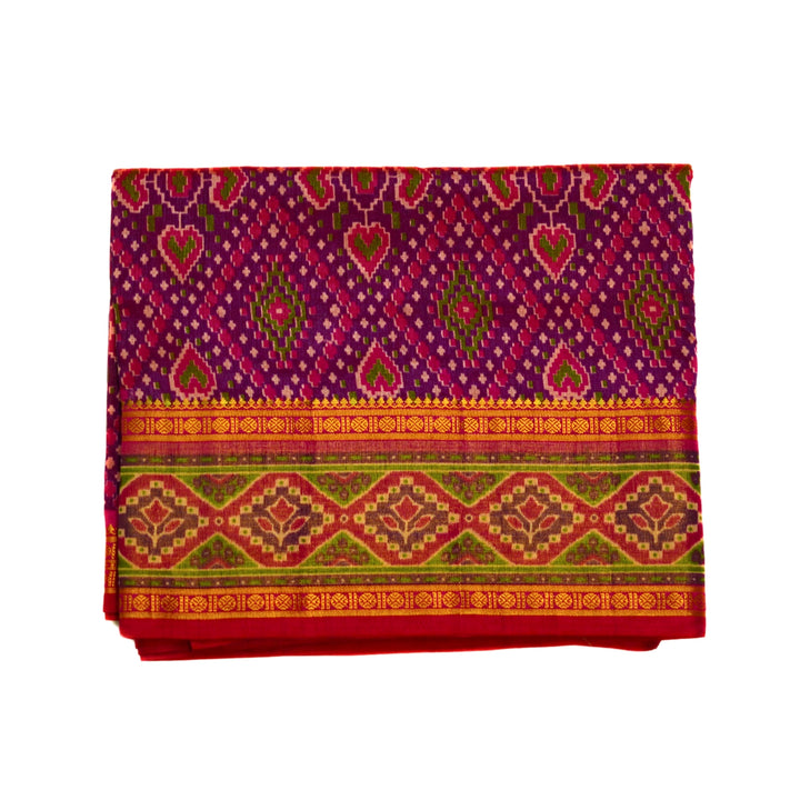 Raw silk saree with pochampalli design and tissue zari weaving.