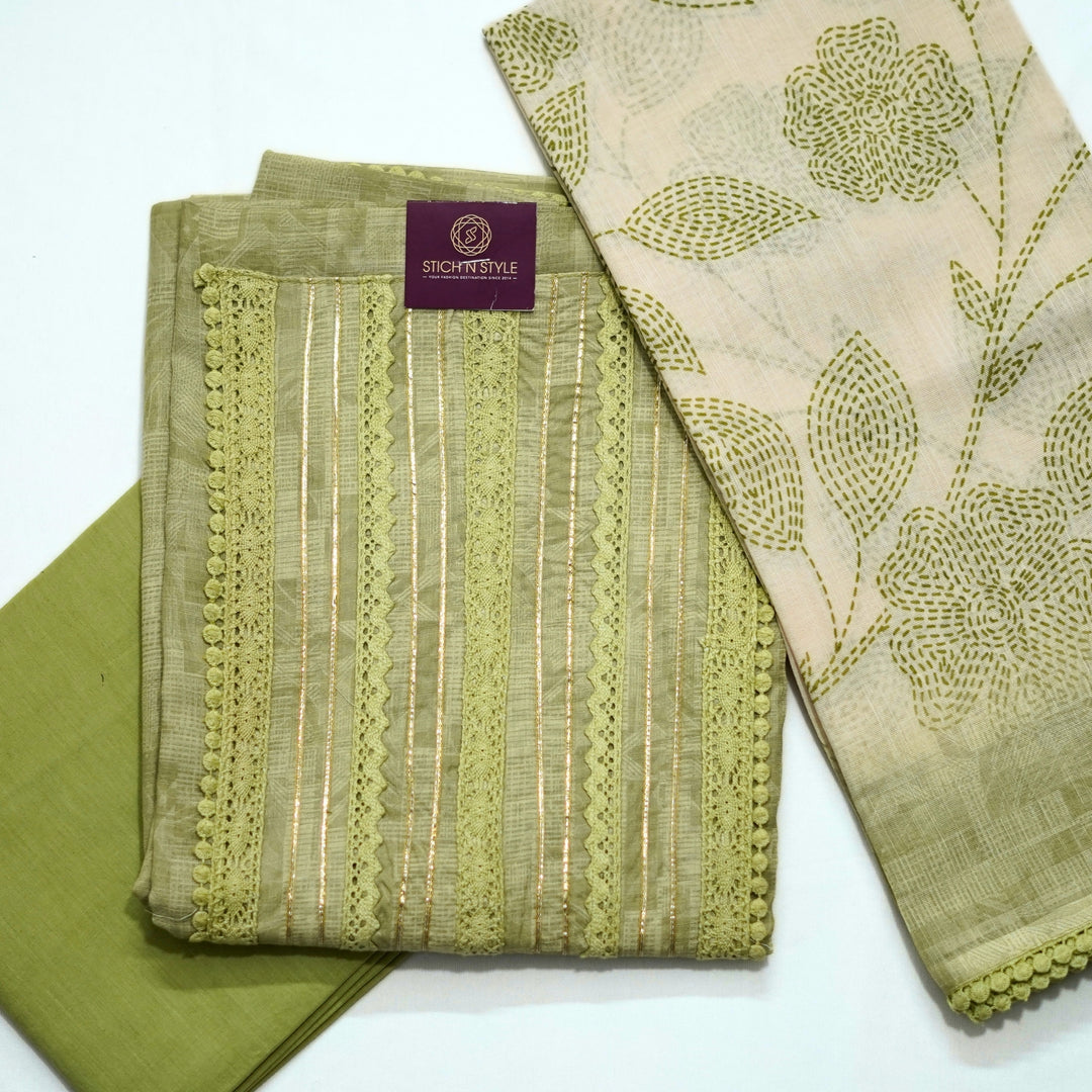 Cotton salwar with yoke sari and lace work, with digital print dhupatta with border lace.