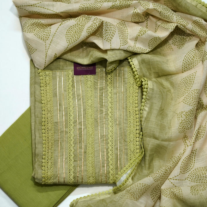 Cotton salwar with yoke sari and lace work, with digital print dhupatta with border lace.