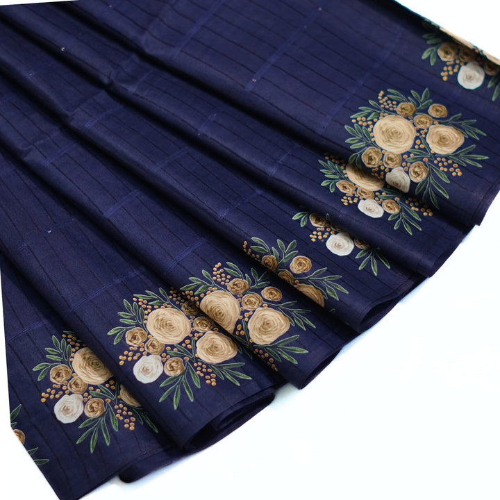 Jute cotton saree with small sequence work and floral prints.