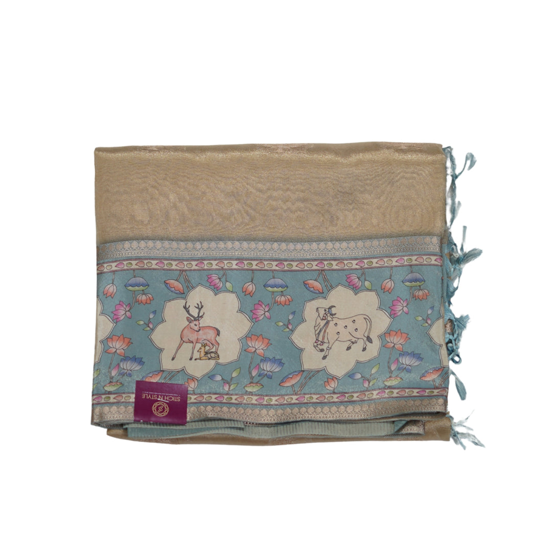 Tissue organza saree with pichuvai satin border.