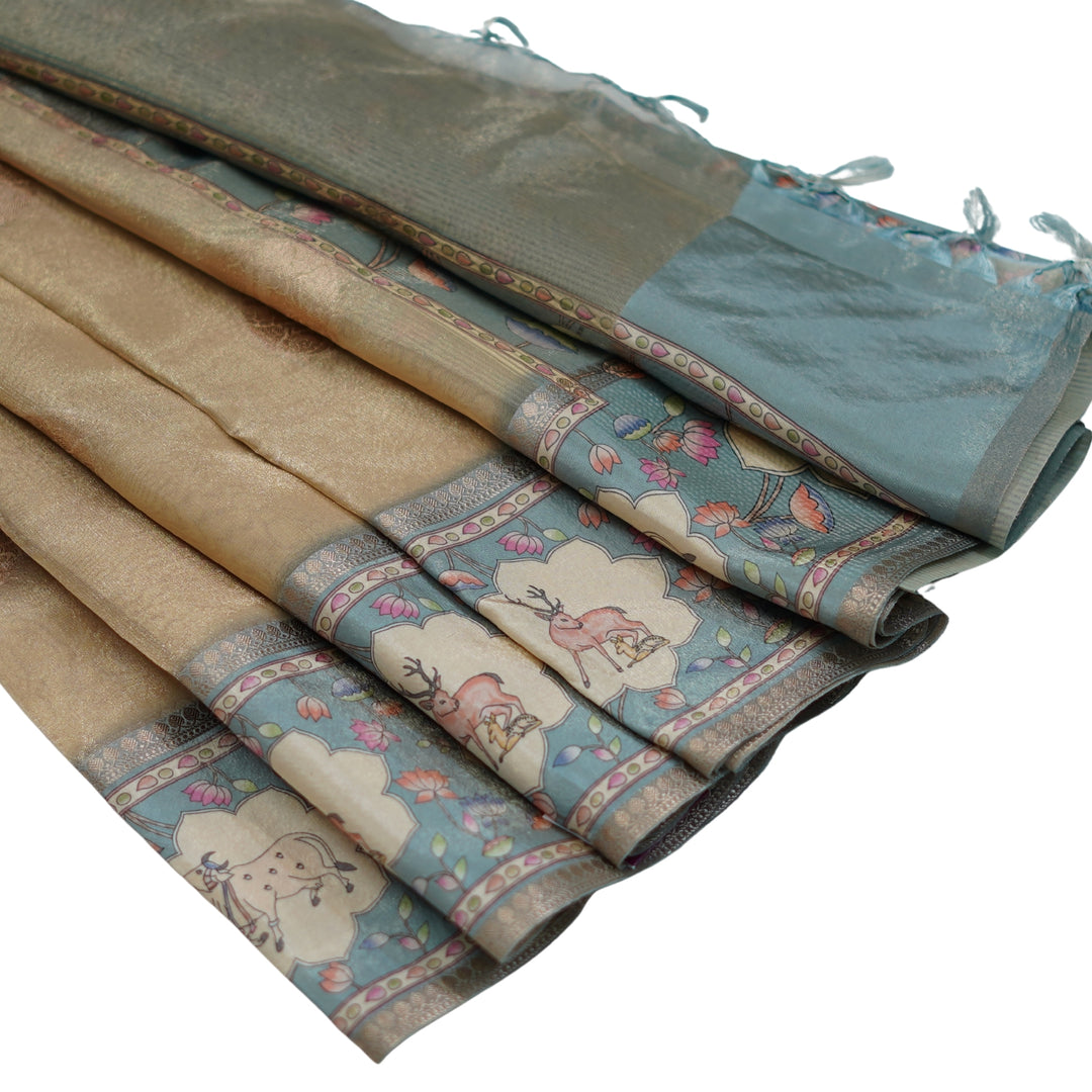 Tissue organza saree with pichuvai satin border.