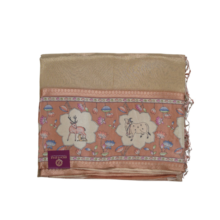 Tissue organza saree with pichuvai satin border.