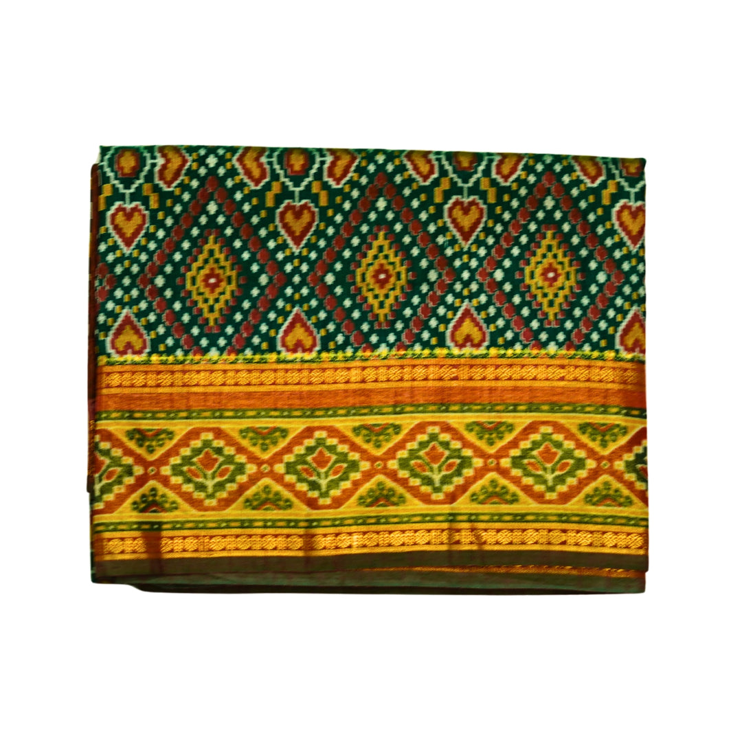 Raw silk saree with pochampalli design and tissue zari weaving.