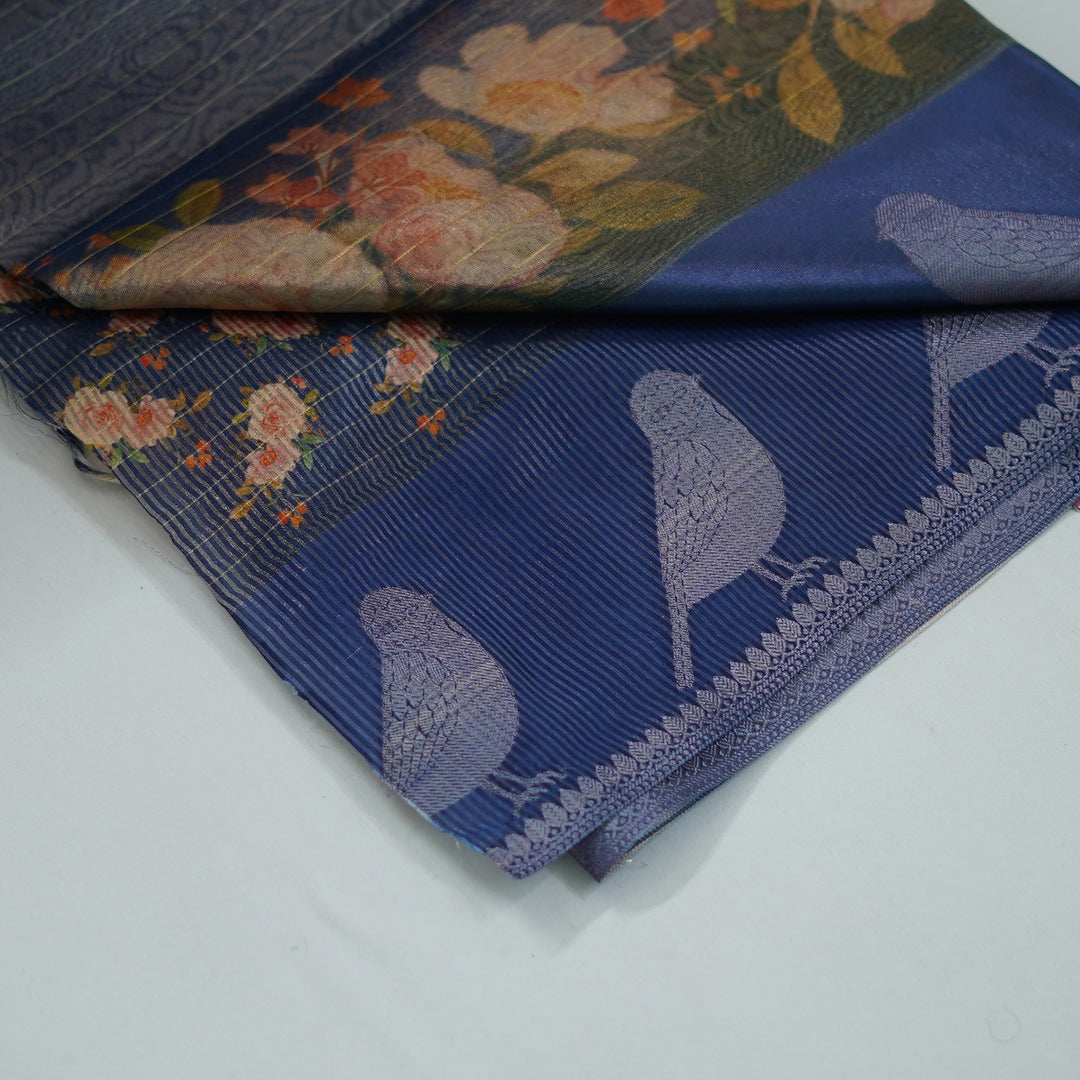 Tissue organza saree with all over lines and digital print.
