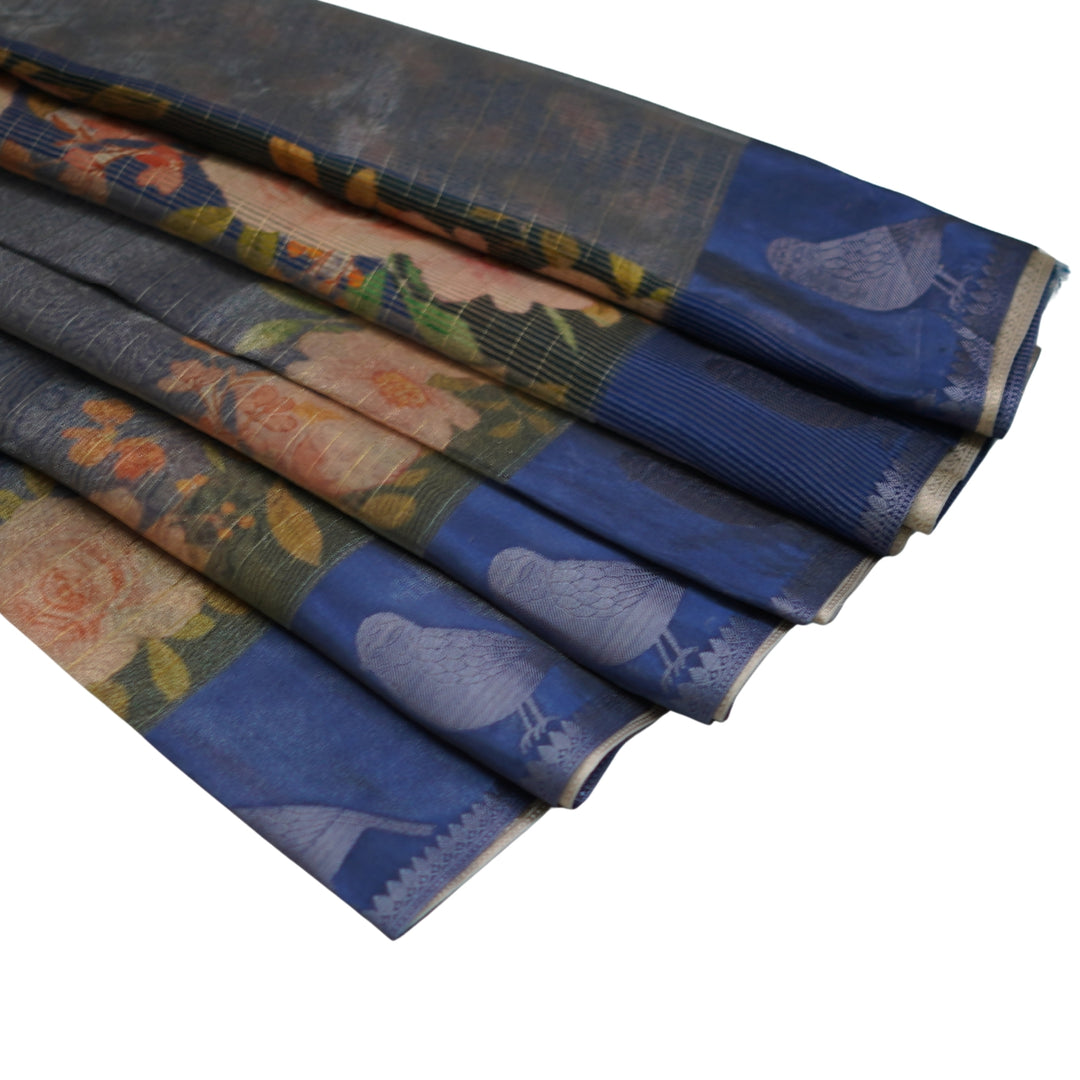 Tissue organza saree with all over lines and digital print.