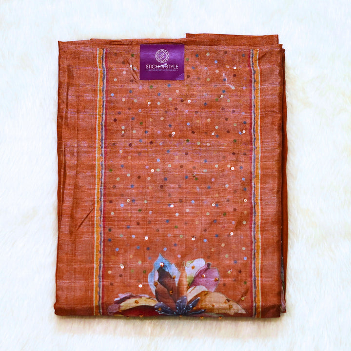 Tussar salwar with yoke sequence work and digital print dhupatta.