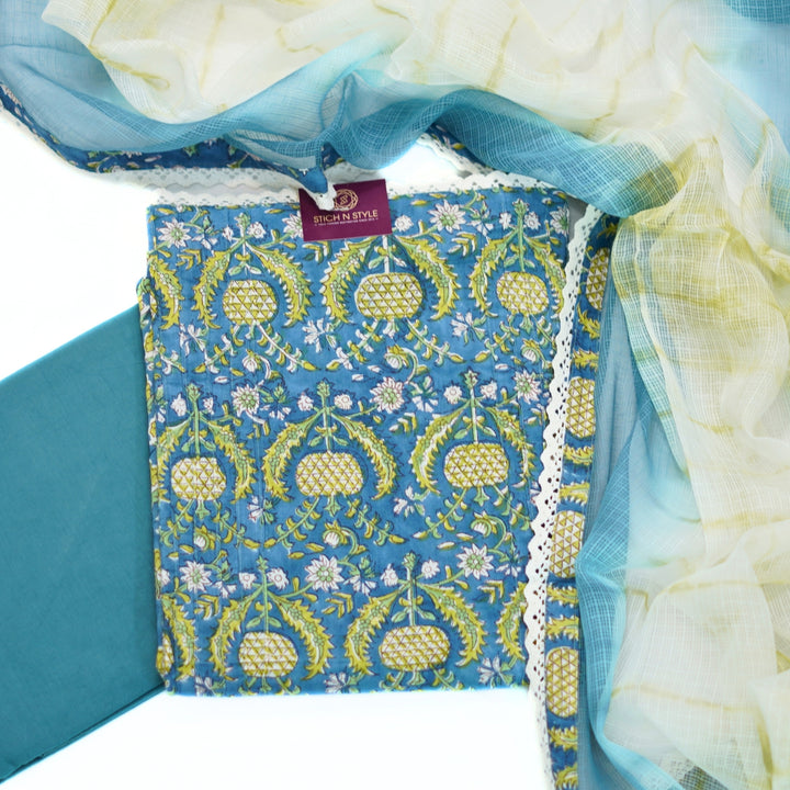 Soft cotton salwar set with kotta silk dhupatta.