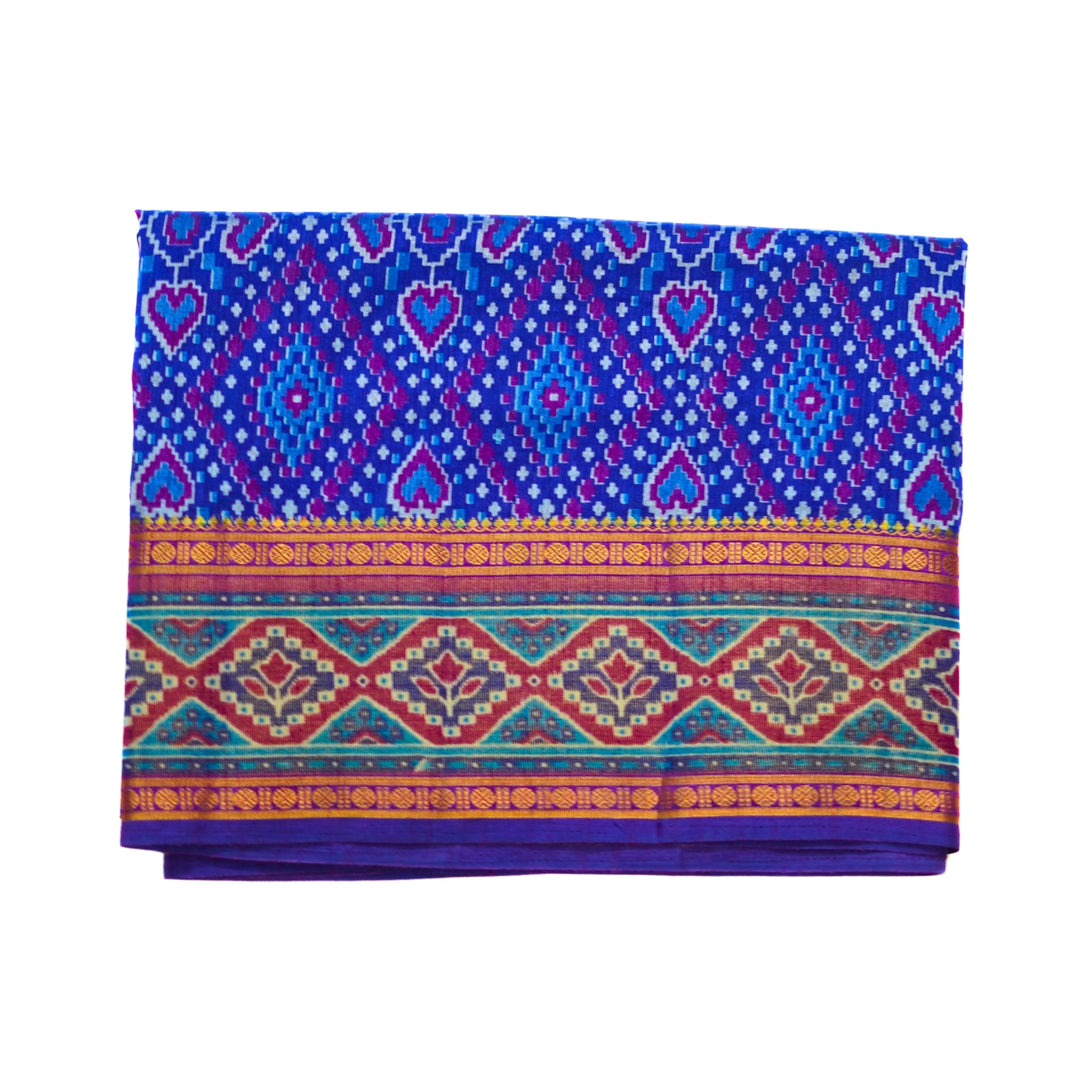Raw silk saree with pochampalli design and tissue zari weaving.