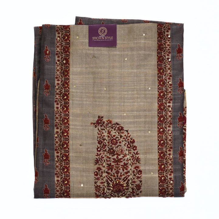 Tussar salwar set with neck yoke work and embroidery and tussar dhupatta.