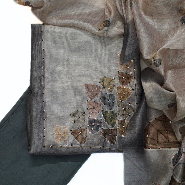 Organza yoke with hand work and tussar dhupatta.