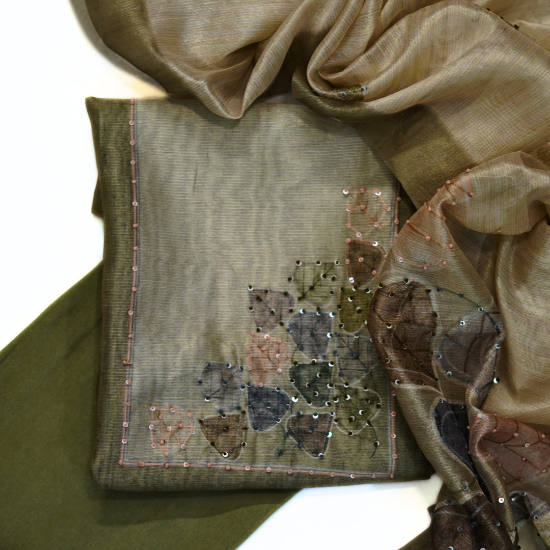 Organza yoke with hand work and tussar dhupatta.