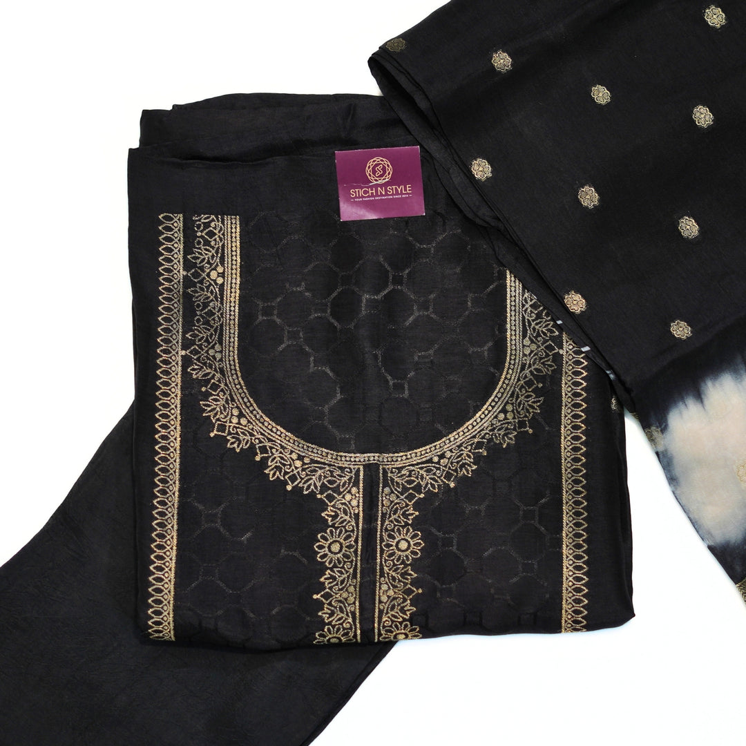 Soft silk salwar set with ready neck and dhupatta with border.