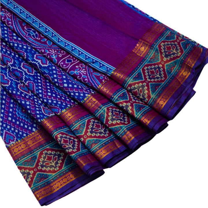 Raw silk saree with pochampalli design and tissue zari weaving.