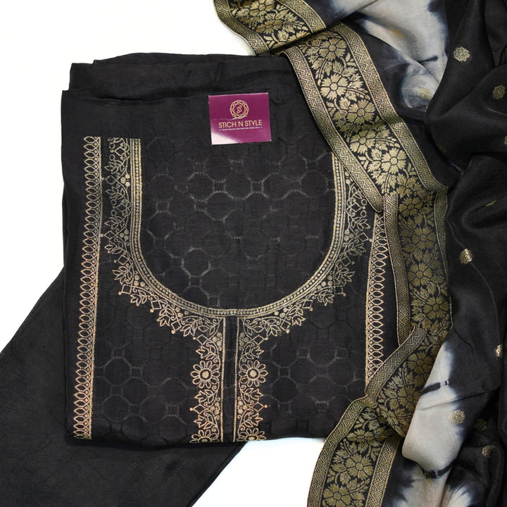 Soft silk salwar set with ready neck and dhupatta with border.