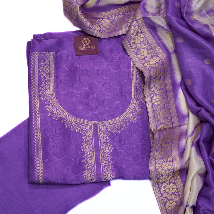 Soft silk salwar set with ready neck and dhupatta with border.