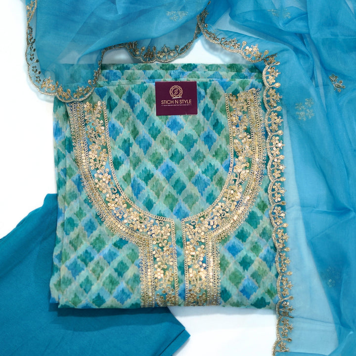 Organza salwar set with neck zari and organza dhupatta.