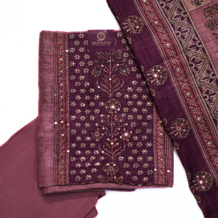 Tussar salwar set with yoke print and hand work and tusser dhupatta with digital print.